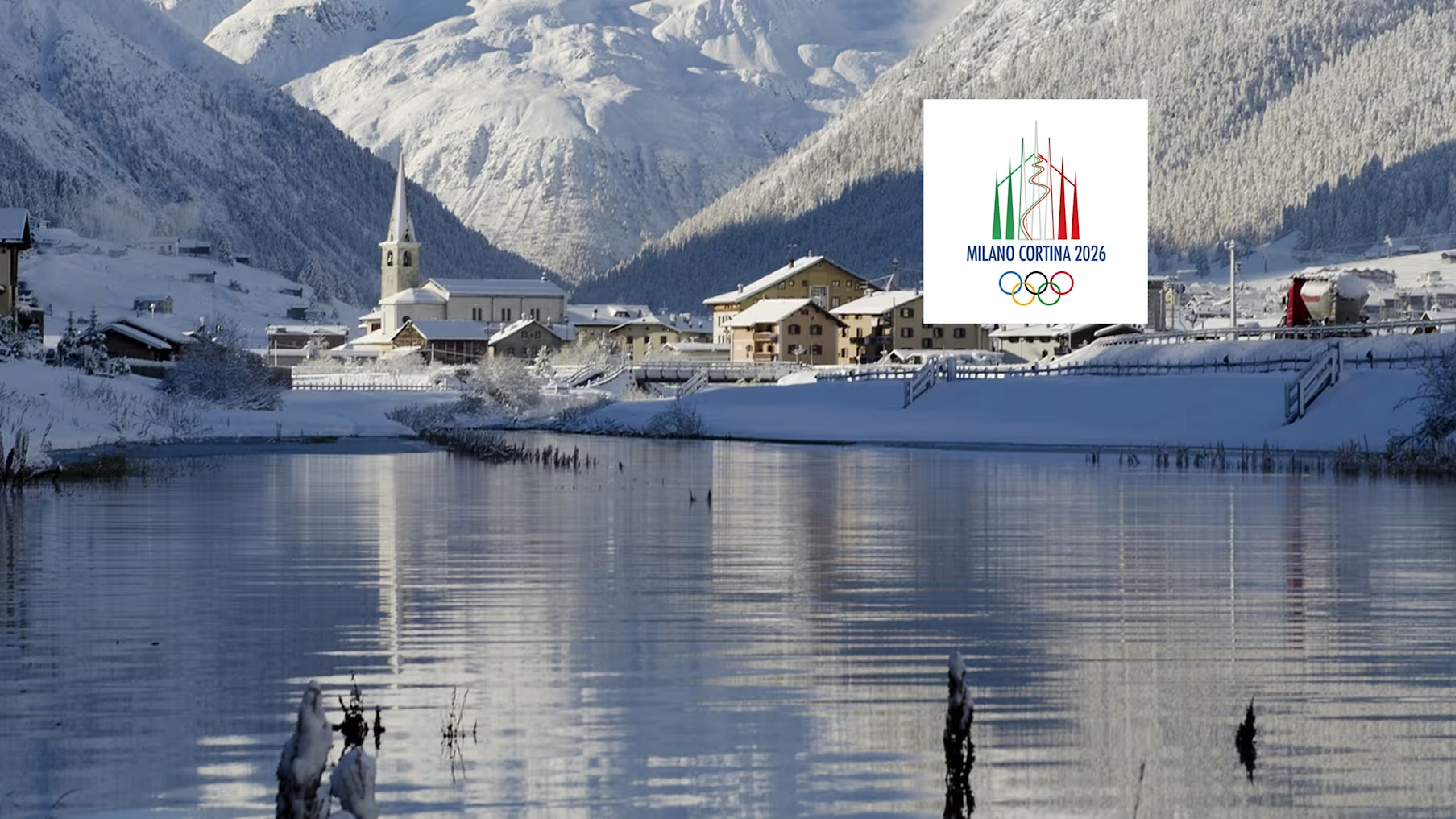 Lake at Milan Cortina with logo of winter olympics italy 2026